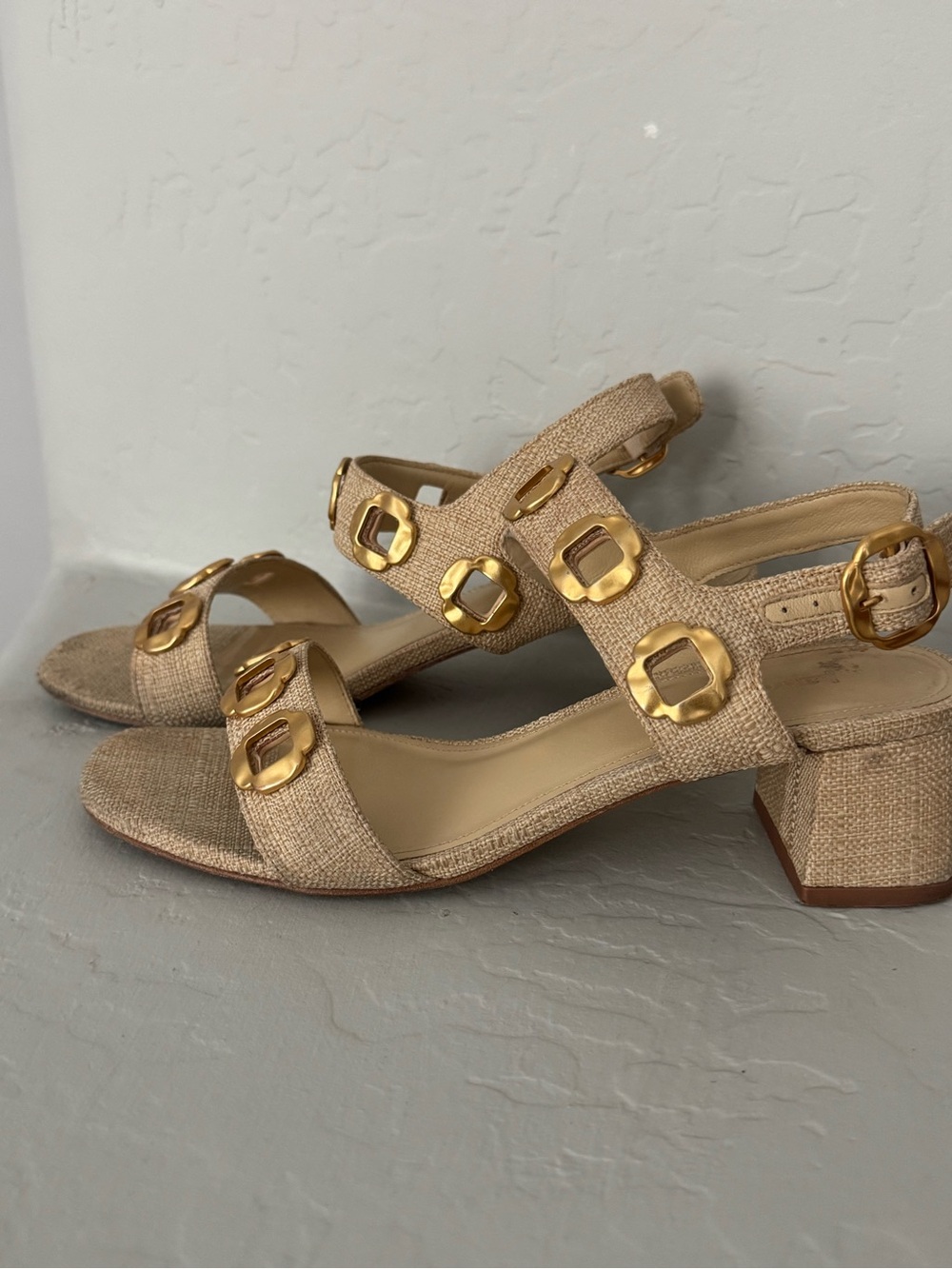 Larroude Beige Textured Block Heel Sandals with Gold Buckles